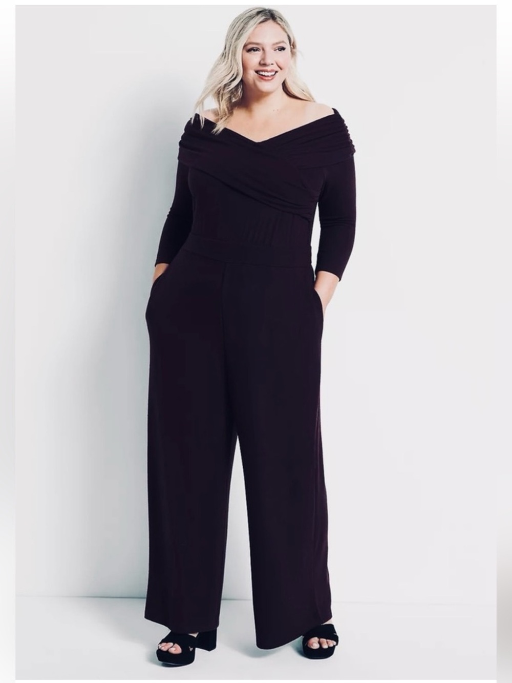 Lane Bryant Off Shoulder Crossover Elbow Sleeve Wide Leg Jumpsuit Size 30/32